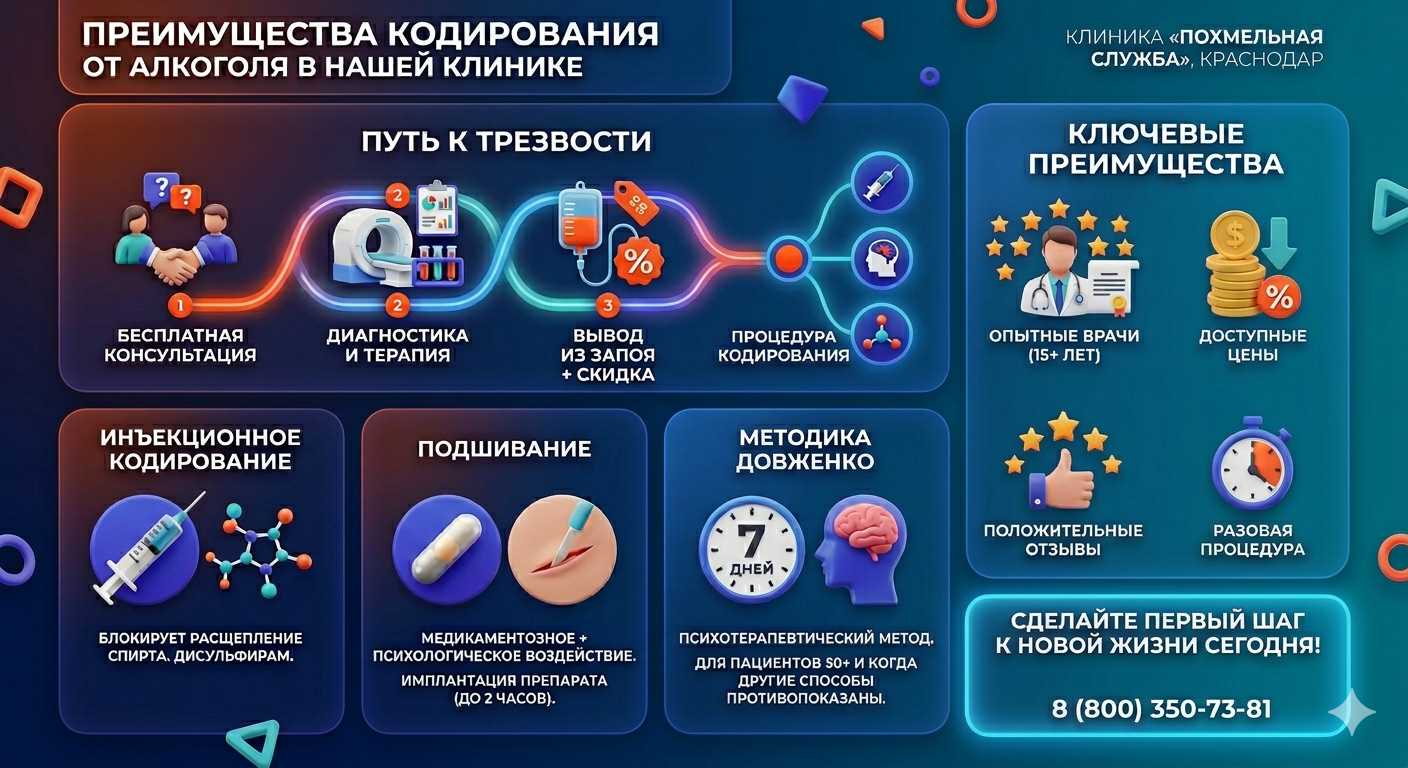 Инфографика о методах кодирования от алкоголя в Промышленной: инъекции, подшивание, метод Довженко. Преимущества клиники и этапы лечения.