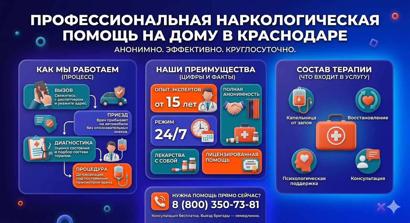Инфографика о принципах лечения алкоголизма на дому в Промышленной: этапы вызова нарколога, преимущества анонимной детоксикации и состав медицинской помощи.